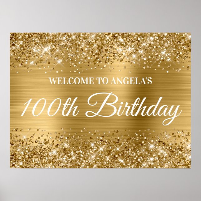 Affiche Bienvenue pour les 100 ans avec paillettes et feui (Devant)