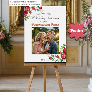 Affiche Bienvenue pour les 25 ans de mariage avec des rose