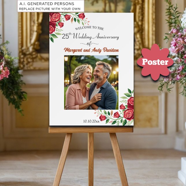 Affiche Bienvenue pour les 25 ans de mariage avec des rose (Créateur téléchargé)