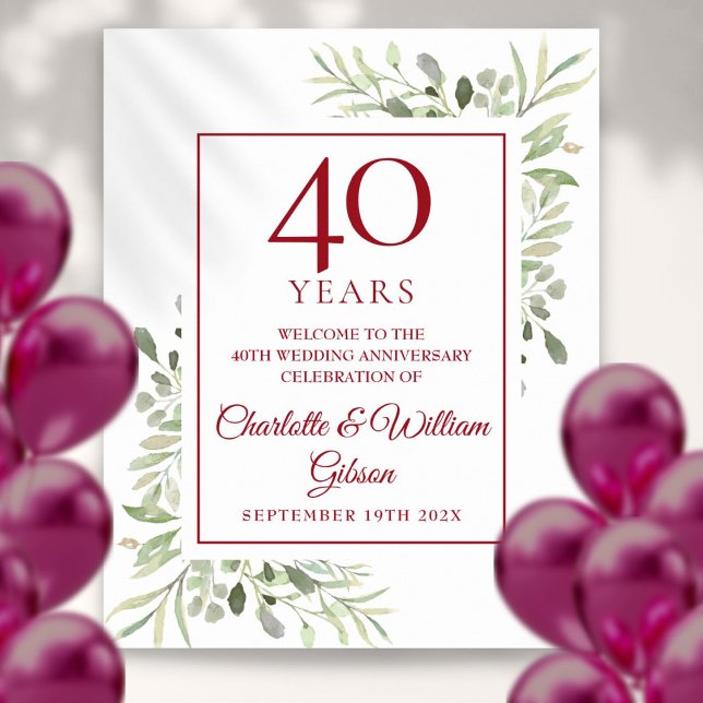 Affiche Bienvenue pour les 40 ans d'anniversaire de mariag (Watercolor Greenery 40th Anniversary Welcome Poster)