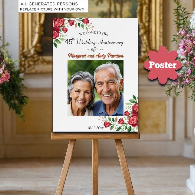 Affiche Bienvenue pour les 45 ans de mariage avec des rose (Créateur téléchargé)