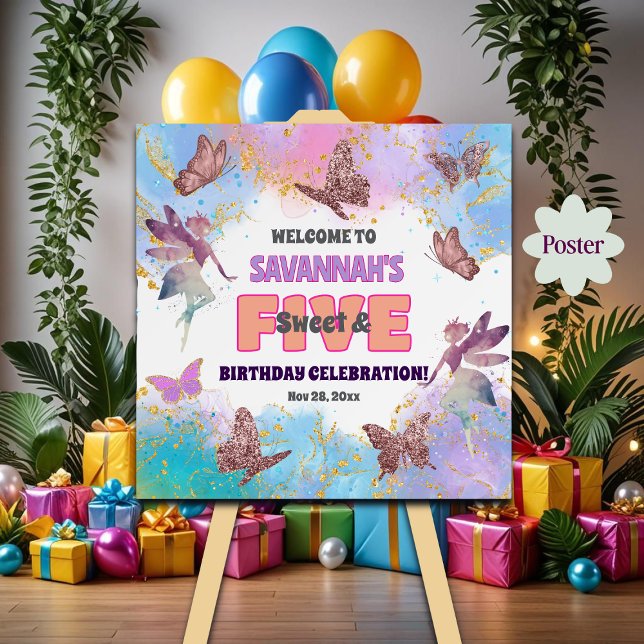 Affiche Bienvenue pour les 5 ans Papillons Fée Paillettes (Créateur téléchargé)