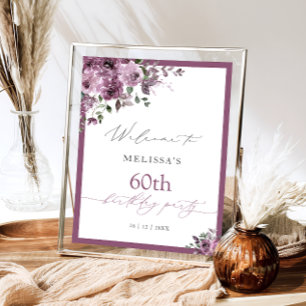 Affiche Bienvenue pour les 60 ans avec des roses violettes