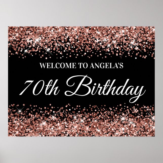 Affiche Bienvenue pour les 70 ans avec paillettes de Rose  (Devant)