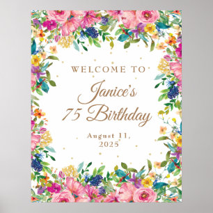 Affiche Bienvenue pour les 75 ans avec fleurs roses et pai