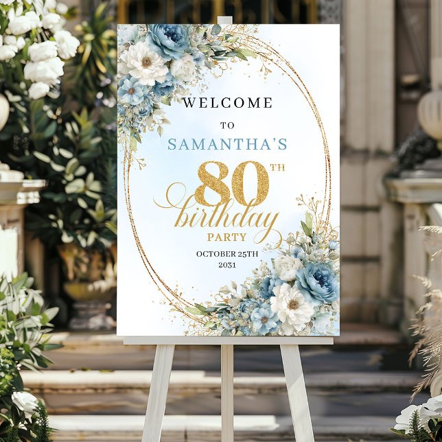 Affiche Bienvenue pour les 80 ans dans un style boho flora (Warm Boho floral dusty blue 80th birthday welcome)