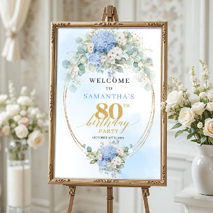 Affiche Bienvenue pour les 80 ans de fleurs d'hortensia bl