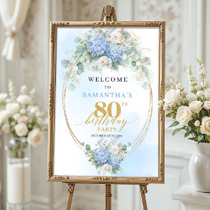 Affiche Bienvenue pour les 80 ans Hydrangeas Bleu Poussiér
