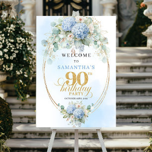 Affiche Bienvenue pour les 90 ans avec un motif floral ble
