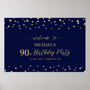 Affiche Bienvenue pour les 90 ans Fête avec Confettis Or e