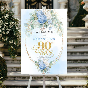 Affiche Bienvenue pour les 90 ans Fleur Bleu Pâle Élégant