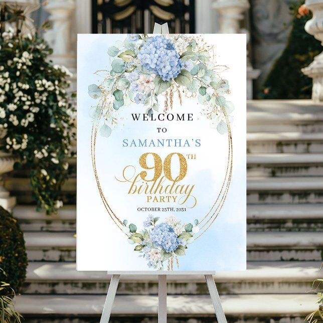 Affiche Bienvenue pour les 90 ans Fleurs Bleues Douces Mod (Modern Soft Blue Floral Gold 90th Birthday Welcome)