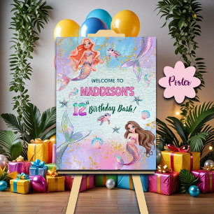 Affiche Bienvenue pour les Mermaides Paillettes Rose Viole