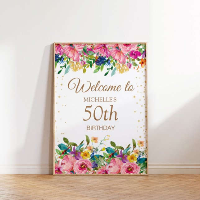 Affiche Bienvenue pour un 50e anniversaire avec paillettes (Pink, blue, and yellow 50th birthday party "Welcome" poster)