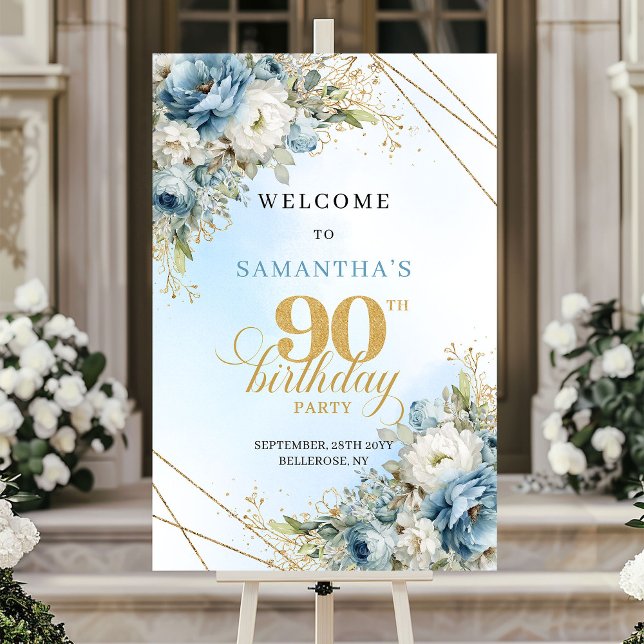 Affiche Bienvenue pour un 90e anniversaire boho poussiéreu (Delightful Boho dusty blue gold 90th birthday welcome)