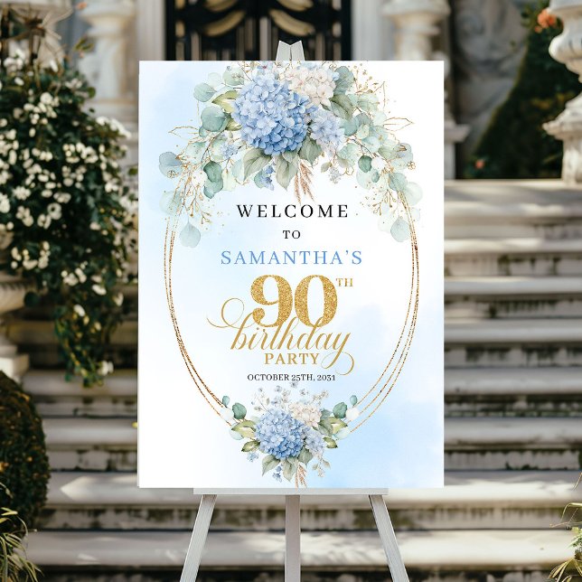 Affiche Bienvenue pour un 90e anniversaire Soft Blue Botan (Soft Blue Botanical Gold 90th birthday welcome)