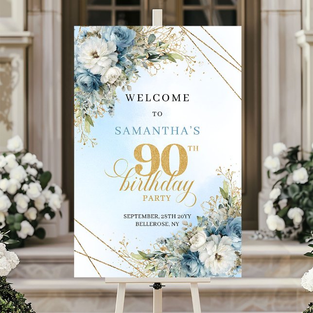 Affiche Bienvenue pour un 90e anniversaire spécial Boho bl (Special Boho dusty blue gold 90th birthday welcome)