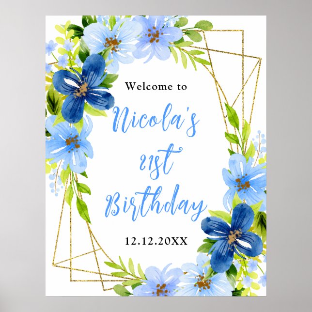 Affiche Bienvenue pour un anniversaire avec des fleurs ble (Devant)