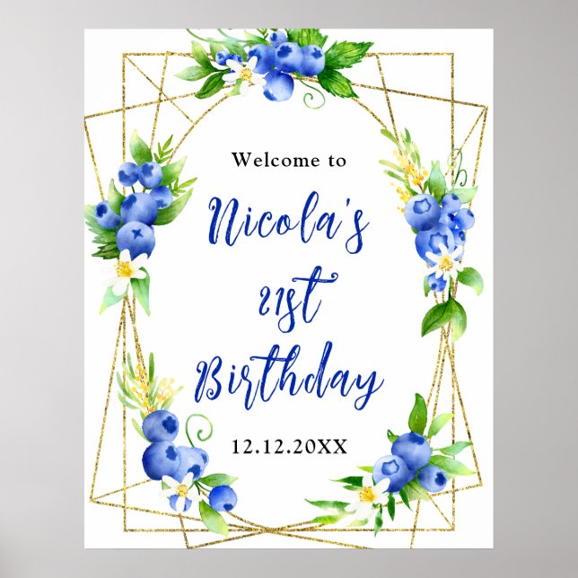 Affiche Bienvenue pour un anniversaire floral myrtille (Devant)
