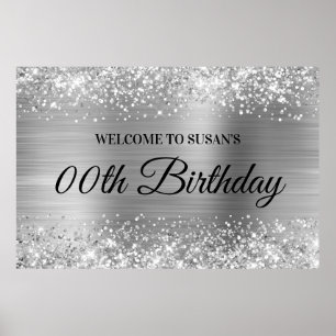 Affiche Bienvenue pour un anniversaire scintillant argenté