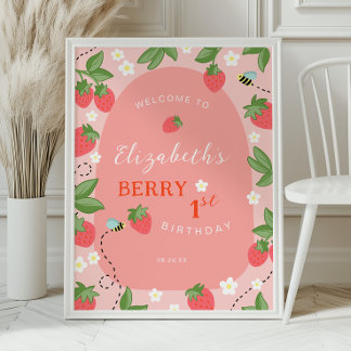 Affiche Bienvenue pour un premier anniversaire à la fraise