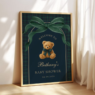 Affiche Bienvenue pour une Baby Shower Ourson Carreaux Ver