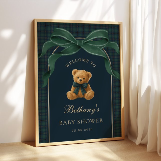 Affiche Bienvenue pour une Baby Shower Ourson Carreaux Ver (Créateur téléchargé)