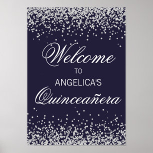 Affiche Bienvenue Quinceañera Bleu Nuit Paillettes Argenté