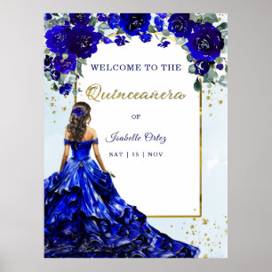 Affiche Bienvenue Quinceañera Bleu Royal et Or