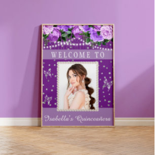 Affiche Bienvenue Quinceañera Photo Perles Blanc Violet