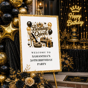 Affiche Bienvenue Reine Anniversaire Confettis Noir Or Mod