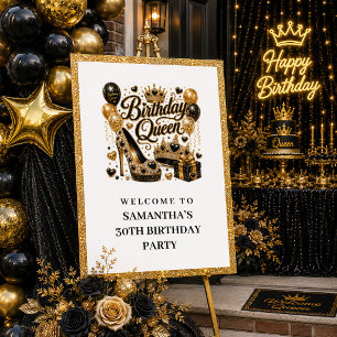 Affiche Bienvenue Reine Anniversaire Luxe Noir Or Étincell