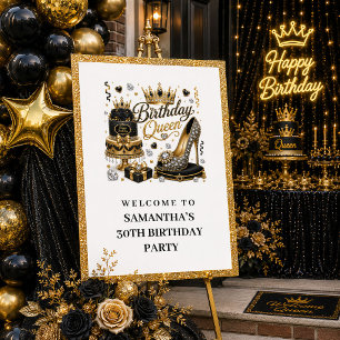 Affiche Bienvenue Reine Anniversaire Luxe Paillettes Or No