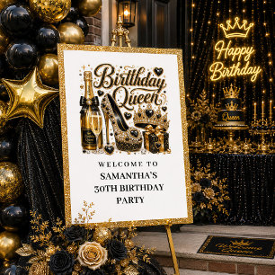 Affiche Bienvenue Reine d'Anniversaire Confettis Noir Doré