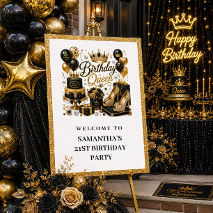 Affiche Bienvenue Reine d'Anniversaire Paillettes Noir Élé