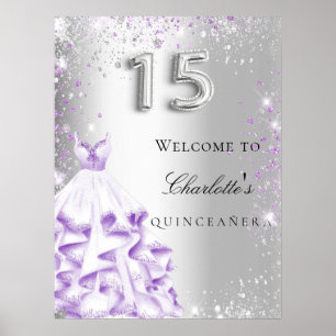 Affiche Bienvenue robe à paillettes argent violet pour Qui