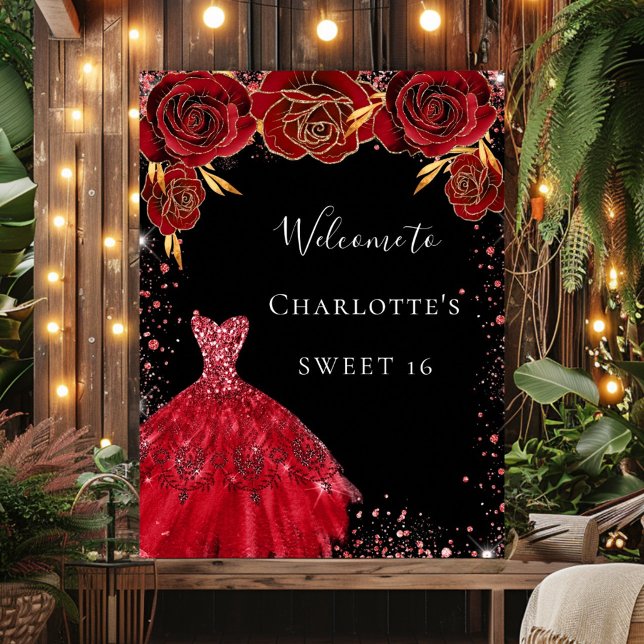 Affiche Bienvenue robe noire rouge fleurs Sweet 16 (Créateur téléchargé)