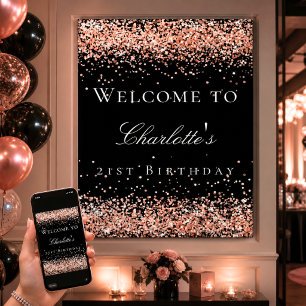 Affiche Bienvenue rose noir paillettes or pour un annivers