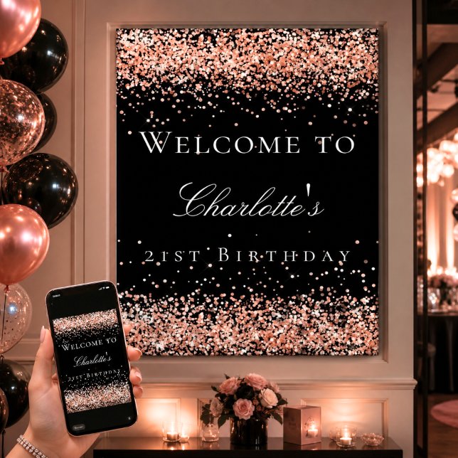 Affiche Bienvenue rose noir paillettes or pour un annivers (Créateur téléchargé)