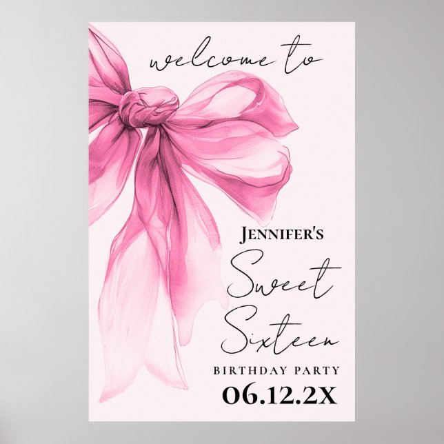 Affiche Bienvenue Ruban Rose Coquette Script Douce 16 Blus (Devant)