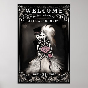 Affiche Bienvenue Skeletons d'Halloween Mariage rose