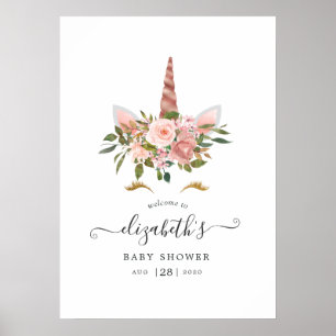 Affiche Bienvenue sous la douche Licorne Florale Rose et O