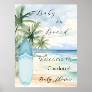 Affiche Bienvenue sur le Baby Shower Baby on Board surfboa