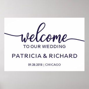 Affiche Bienvenue sur notre panneau de mariage chic bleu m