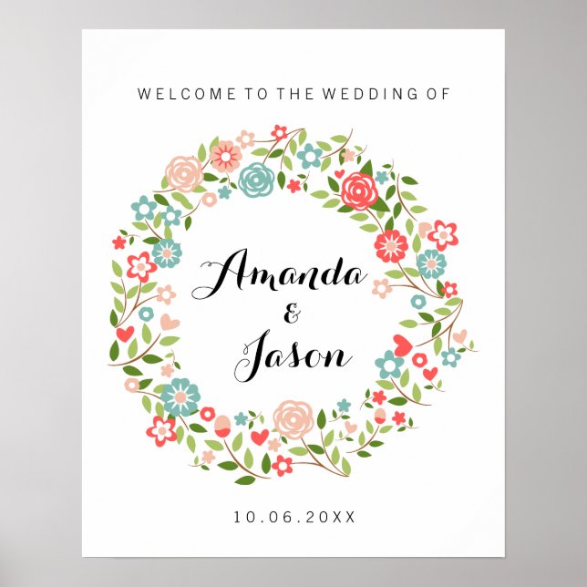 Affiche Bienvenue sur notre panneau mariage | Floral | bot (Devant)