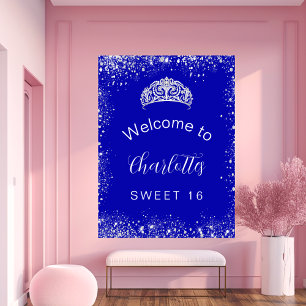 Affiche Bienvenue Sweet 16 bleu royal paillettes argentées