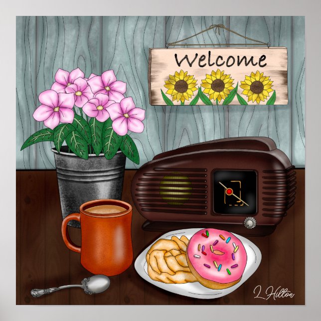 Affiche Bienvenue, tournesols, beignets et café (Devant)