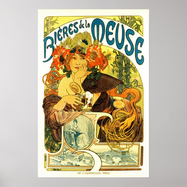 Affiche BIERES DE LA MEUSE Bière Alphonse Mucha Art Nouvea (Devant)