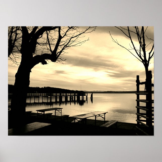 Affiche Biergarten par le lac monochrome (Devant)