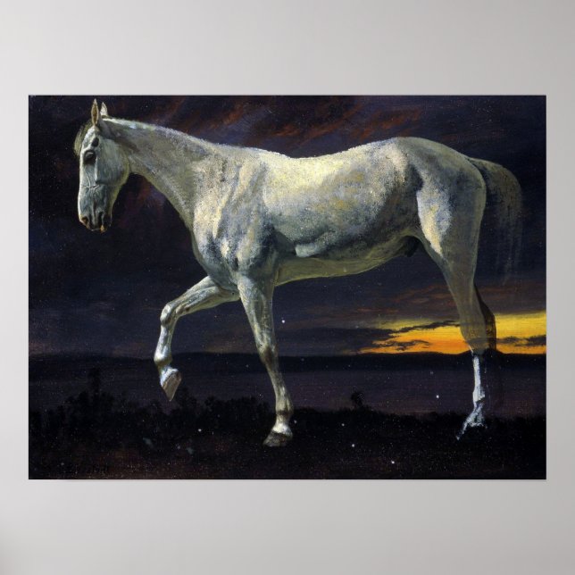 Affiche Bierstadt - Cheval Blanc Et Coucher De Soleil (Devant)